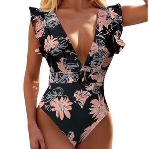 Avanova Deep V-Neck Ruffled One Piece Swimsuit NWT